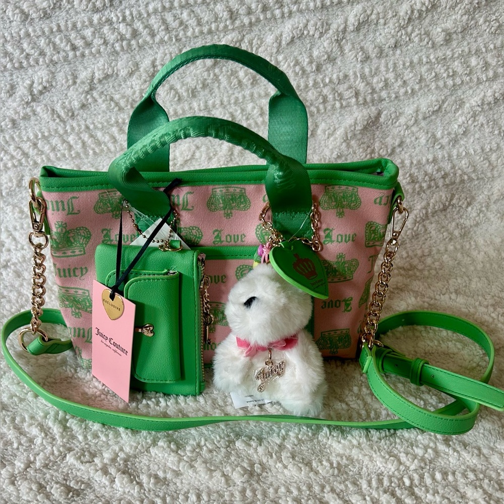 Juicy Couture Festival Mini Crossbody Tote Pink Diamond Retro Canvas Pink/Green